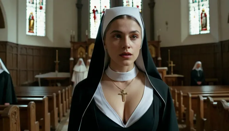 20 year old nun, in church, medium tits, ((deep cleavage)), UHD, masterpiece, wide angle, full body visible