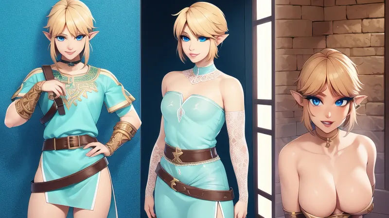 A beautiful woman with pointy ears, blue eyes, and light makeup is depicted in a detailed picture generated by an AI