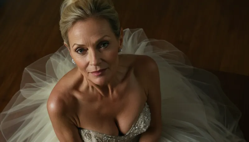 ((1 woman), (mature:1.2), milf, gilf, blonde, (mature 45 year old woman), very realistic, ponytail, (facial wrinkles:1), sexy transparent tulle gown, semi naked, dim light, soft lightning, looking at viewer, smirking, (((view from above:1))))