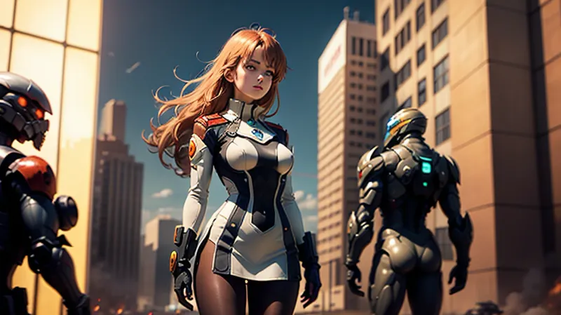 The main character, a young woman with blue eyes and light russet hair, stands in front of a nuclear explosion painting as she holds a sword in her hand. Her clothing is box office hit and her uniform features a pantyhose-el