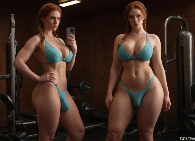 两个有大块头鸡巴的毛绒绒毛女人在一个蒸热的健身房里竞争,面对着镜头. 他们的肌肉和胸围都很大 愤怒地盯着摄像机看