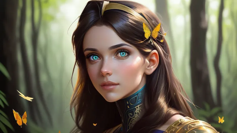 Das 8k-Porträt des schönen Cyborg mit braunen Haaren, kompliziert, elegant, sehr detailliert, majestätisch und digital Fotografie ist ein surreales Gemälde, das die Schönheit des zerbrochenen Glases von Cyborg festhält. Der AI-generierte Text in Gold Schmetterlingsfil