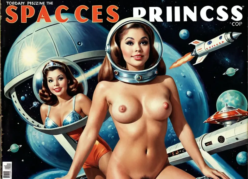 (((magazine cover with title, magazine spread with title, "SPACE PRINCESS":1.4))), magazine photo style, 20 years old space princess masturbating in front of spaceship crew, supermodel face, fit, medium breasts, happy smile, long hair, topless, bottomless, hairy pubic fleece, shaped and trimmed pube, full body view, retro futuristic colors, retro scifi, retro scifi spaceship scenery, spaceship crew watching and smiling, girls only, fingering, wearing, zqj, clothing, exposes, her, breasts, and, pussy, <lora:EnvyPulpScifiXL:.6>, <lora:faces_v3:.9>, <lora:EnvyAtompunkXL01:.6>, <lora:Exposed-BP-4:.4>, 