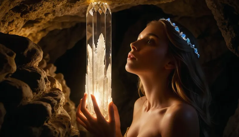 (AND A BRIGHT CRYSTAL WILL ILLUMINATE THE DARKNESS OF THE CAVE:1.3), deep within a vast, shadowy cave, a radiant crystal sculpture in the shape of a beautiful woman floats in the center, glowing with an ethereal, otherworldly light, her figure elegantly posed with intricate details, casting bright rays that cut through the pitch-black surroundings, illuminating jagged stalactites and ancient rock formations, a 24-year-old woman standing before it, her wide, captivated eyes reflecting the crystal’s glow, her face illuminated by its magical light, shadows dancing around her, her intricately styled hair framing her face as she reaches toward the crystal woman, intricate textures of the cave walls softly glowing under the crystal's light, dynamic lighting creating dramatic contrasts between light and darkness, photorealistic, cinematic shot, volumetric lighting, (sharp focus:1.2), ultra-detailed, (highly detailed background:1.3), mysterious and magical atmosphere, masterpiece, (8k resolution), , ZipRealism, <lora:WowifierXL-V2:.75>