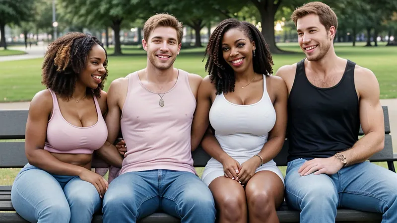 The couple sat on the park bench, holding hands and smiling at each other. They were both wearing tight black t-shirts and jeans, enjoying their time together in the park