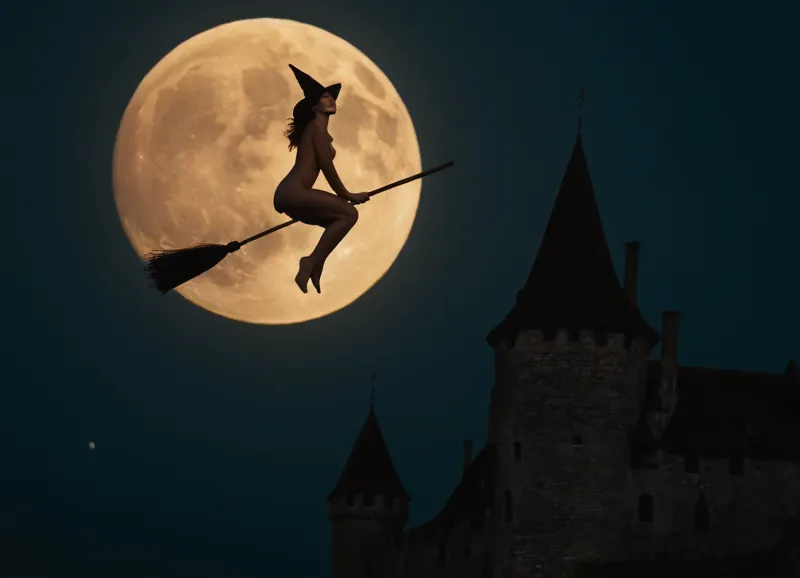 (nightly scene:1.3), young witch riding her broom above a medieval castle, (flying on her broom:1.5), (fully nude, completely naked:1.3), (full moon:1.3)