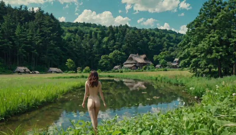 Miyazaki anime style rural landscape, houses, rural pond, field, meadow, forest, Naked girls swimming