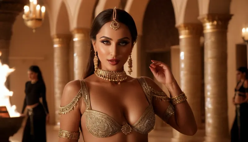 masterpiece, ultra-realism, ultra-detailed, best quality, high res, 8K UHD, (photorealistic:1.4), (depth of field:1.8), a group of beautiful sexy slender arabian women. A commotion in the Sultan's harem at night. Naked and half-naked beautiful arabian women are dancing fire dance around the room. Magnificent sultan palace, egyptian art, naked or harem outfit. symmetric eyes, symmetric nipples, dramatic lighting, cinematic lighting, front spotlight, perfect light, front view, ((full body view:.2)), 3D, render, <lora:polyhedron_god rays-000007:.6>, <lora:3DNextGen_JRPG_KMMO_Dim32:.2>