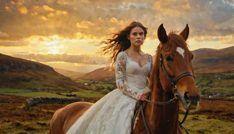 William McTaggart's painting of a 19 year old bride in the highlands during sunrise is a dramatic and poetic work of art that captures the essence of the bride's simple weddingdress, riding a horse, and in the highlands during