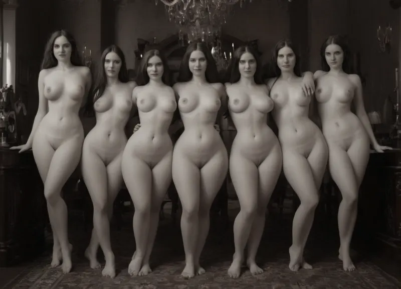The five girls in the picture were standing in a row, looking alluringly at the viewer. They had perfect faces with pointy noses, upturned eyes, and wide open mouths. Their breasts were perfectly shaped and their voluminous