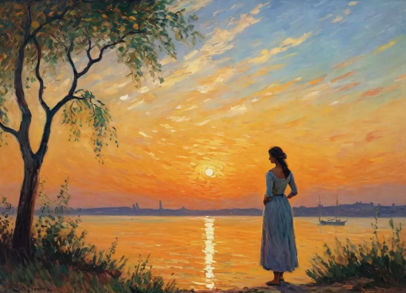 La pintura impresionista captura la belleza de una mujer disfrutando de una puesta de sol, con grandes pinceladas gruesas y, por supuesto, el uso del color. La mujer está frente a un hermoso paisaje, con su espalda a nosotros. Lleva un flujo