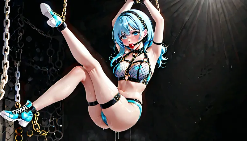 A girl is suspended in the air, her arms and legs bound by chains. She wears a face harness with a ballgag, and her eyes are covered by a blue fishnet croptop. The room is dimly lit, and she can