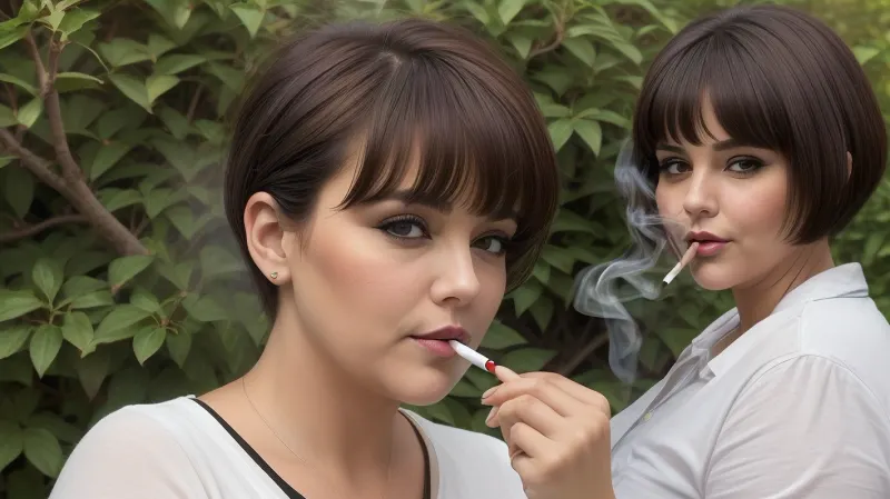 Женщина на фотографии курила сигарету, стоя перед кустом. У нее были большие обвисшие сиськи и круглое лицо с простыми толстыми женскими чертами. Ее волосы были прически пикси, и у нее была сторона сметала короткие удары волосами