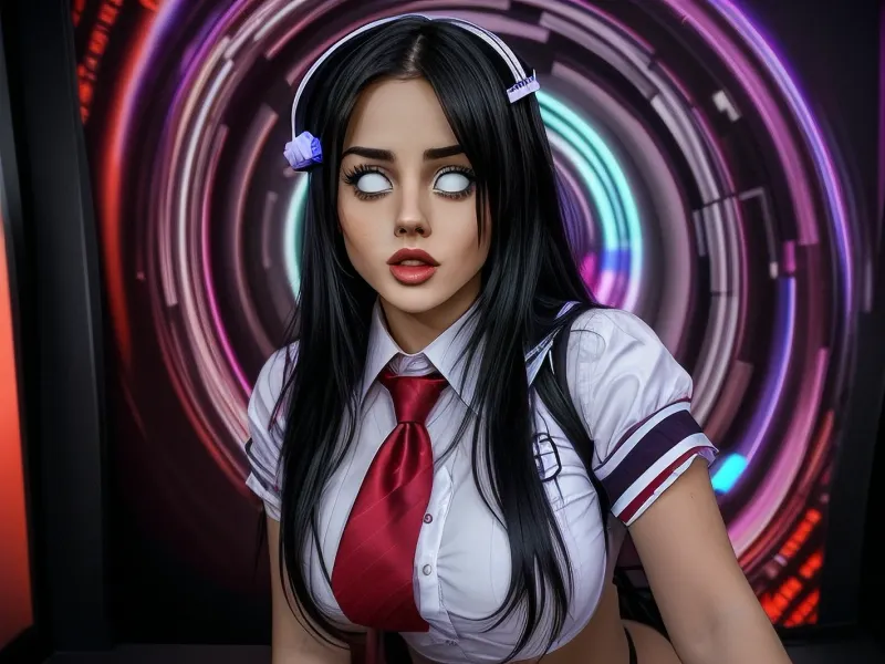 Adult porn actress dressed in a schoolgirl outfit being hypnotised by a spiral tv show, shirome, <lora:shirome_v09:1>