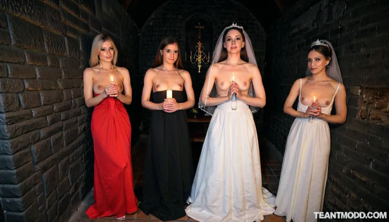church wedding in the dark walls Russian Orthodox Church very dark, (only candle lights), random dresses, hairstyles, bodies, haircuts, hair colors, one Russian 40 yo bride, (dresses, hairstyles, bodies, haircuts, hair colors), 40 yo bridesmaids random dressed festively for church, orthodox priest fuck the bride, one bride and orthodox priest porn, one bride brunette straight hair, high detailed face, high detailed body, white skin, topless, saggy flat small breast, real professional photo, high quality photo, ultra detailed, penet, <lora:lastpenet:.5>, <lora:679571_training_data:.5>, <lora:FD_XL_ENF:.5>, Radiant, Darkness, <lora:Radiant_Darkness:.5>