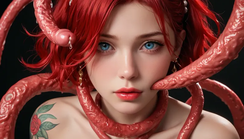 An large brown squid fucking a nude 30 year old red hair tattooed girl while he penetrates her mouth and pussy with his tentacles, tentacle, tentacles, squid, octopus, curled, <lora:polyhedron_tentacles-000005:1.5>
