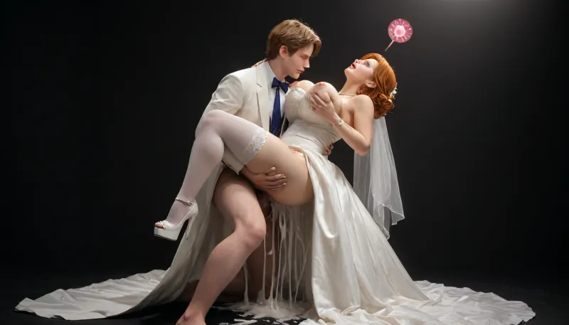 very high quality, 8k, beautiful faces, wedding dress, at full height, sharp focus, no panties, ginger MILF, plump, son in tuxedo, huge fat dick, huge milk breasts, happy, smiling, cherry lipstick, gold jewelry, gold necklace, white stockings, platform high heels, incest, vaginal sex, vagina full of sperm, son fucks mother, sex on hands, sex standing, dirty, thinking about sex, vaginal creampie, massive creampie, hearts, impregnation, excessive sweating, extreme cum overflow, one breast exposed, bouncing breasts, head thrown back, black background