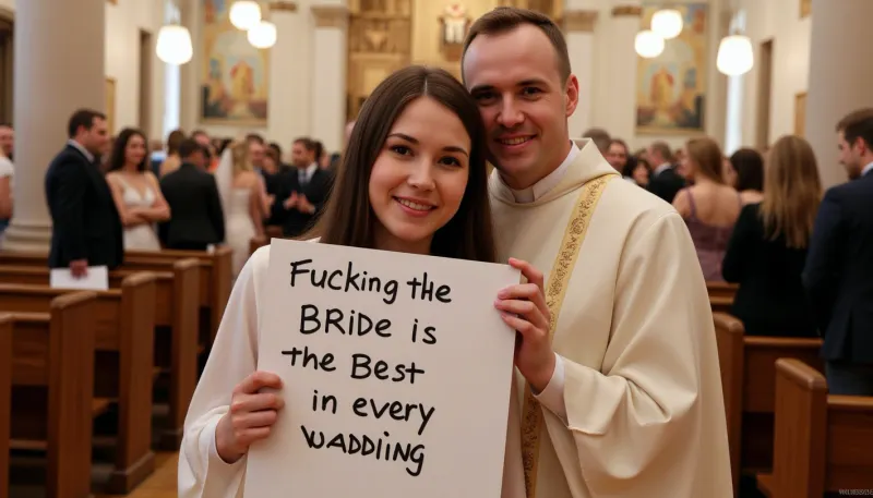 Priest, wearing liturgical robes, standing behind a bride, hugging her, holding a sign Text painted on "Fucking the bride is the best in every wedding" with black marker, wedding church, seductive, public, church full people.