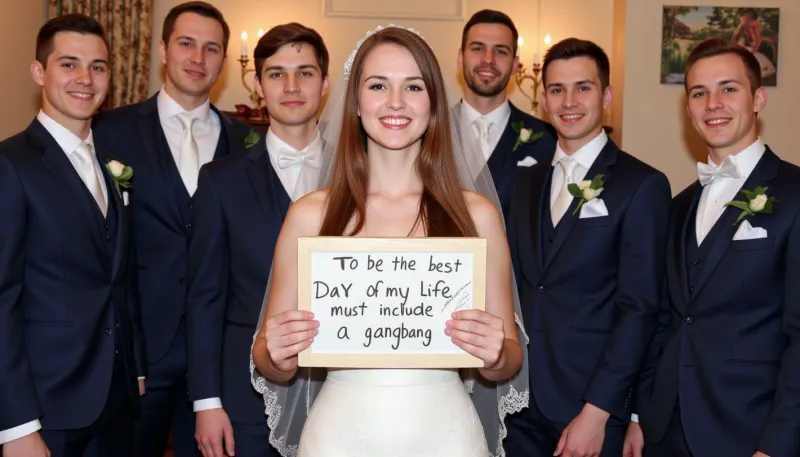 A young bride poses with six male wedding guests of different age, diferent faces, different suitcolors. The bride holds a handmade sign with text "To be the best day of my life my wedding must include a gangbang".
