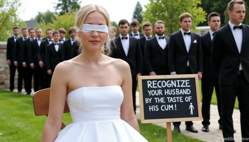A blonde bride, weddingdress, sits on a chair, white blindfold, at the weddinglocation. Next to her stand men in suits, lined up, turning their back to the viewer. A sign reads "Recognize your husband by the taste of his cum!"