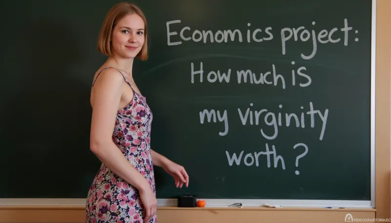 18 year old Norwegian woman, skinny, petite, small chest, wearing a floral summerdress, standing in front of a blackboard, on the blackboard is written in chalk letters text "Economics project, How much is my virginity worth?".