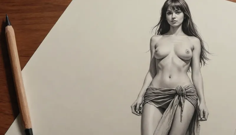 a drawing of a woman, brunette with a fringe, one piece sarong, long hair, cut leg, skin exposure, detailed but rough, sketches, detailed sketch, rough sketch, old sketch, sketch art, detailed penciling, matte sketch, highly detailed sketch, sketches wide angle view, realism