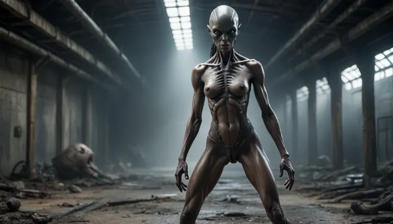 ((full body view)), ((wide angle view)), anorexic female alien figure, black skin, muscular, spine is visible, blend of organic and artificial elements, eerie atmosphere, contrasting colors and textures, natural and artificial components, alien, scifi background, dystopian, organic meets artificial, dark, depth of field, dynamic angle, fashion photography, sharp, (hyperdetailed:1.15)