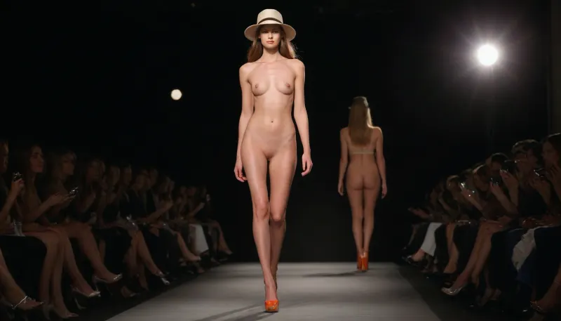 On a fashion show, female very pretty young tall slender fashion model, nude wearing only a haute cuture hat and platform heels, walking on runway, shaved pussy, long legs, busty, many spectators sitting on both sides of the runway, detailed face, detailed pussy, by P-S, by Young-mi Woo, by Monique Lhuillier, cinematic, perfect photography, <lora:493467_training_data:.9>