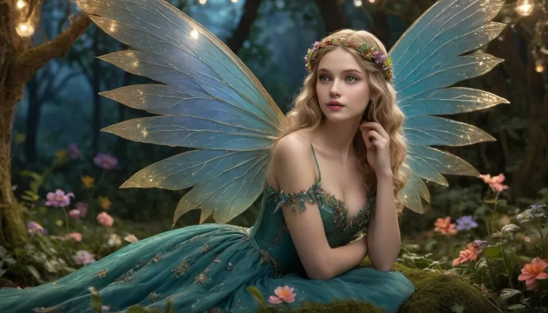 A whimsical and enchanting scene of a fairy tale fairy, who has stumbled upon a hidden garden of wonders. She is a delicate creature with iridescent wings that shimmer in the soft moonlight, casting a kaleidoscope of colors across the lush, emerald foliage. Her attire is an intricate blend of nature's finest elements, a gossamer dress woven from spider silk and adorned with a myriad of tiny, luminescent flowers that seem to pulse with life. Her hair is a cascade of gold-tipped locks that flow down her back, intertwined with vines and leaves as if the very essence of the forest has come to crown her. She stands atop a velvety mushroom, one hand tenderly cradling a glowing orb of fairy dust, while the other reaches out to a curious, nocturnal creature that has emerged from the underbrush—a rabbit with fur as blue as the midnight sky and eyes that twinkle with stars. The garden is a riot of fantastical flora, with blooms of impossible sizes and hues, and trees that stretch high into the heavens, their branches laden with glittering fruit. In the background, a majestic castle made of crystal and gold looms, its turrets piercing the velvet sky. The moon, a glowing sphere of opalescence, hangs low, casting a soft, ethereal glow over the entire tableau. The air is alive with a symphony of fireflies and glittering spells, their lights dancing in harmony with the gentle whispers of the night breeze. Every detail, from the dew-kissed petals to the intricate patterns on the fairy's wings, is rendered with a meticulous attention to detail that transports the viewer into a realm of pure imagination and magic.