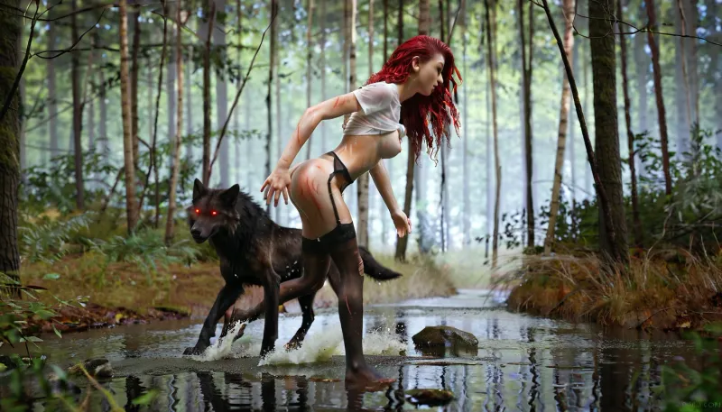 [girl runs away through the forest from several horny werewolves], partially clothes, scratches on the skin, small tits, ideal tits, perfect boobs, running, long red hair, [her one breasts are visible through her upped blouse], [visible two chasing werewolves in the background], two werewolf and a woman, her dirty skin, werewolf is not much taller than the girl, black stockings, black garter belt, full body view, wet skin, shirt lifted up, s side view, unsuccessful attempt to defend against the werewolf, perfect hands and fingers, high definition, ultra realistic, <lora:580159_training_data:1>, <lora:RealDownblouseXL2:1>