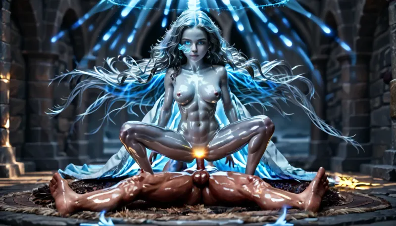 Ranni the witch, masterpiece, full body view, (detailed face and eyes:1.3), woman, slender body, muscular, medium breasts, erect nipples, (masterpiece, detailed), (metallic silver hair), ((floating face down)), levitation, naked, full moon background, (glowing blue eyes:1.5), side view, ((glowing white skin:1.7)), (shiny skin:1.7), uniform skin tone, (((body is horizontal:1.8))), (facing down:1.5), (mischievous:1.5), floating in air, zero gravity, (1 meter above ground), 1man, laying on the ground is a larg human man with a huge erection, she is fucking him, (cowboy sex position:1.5)