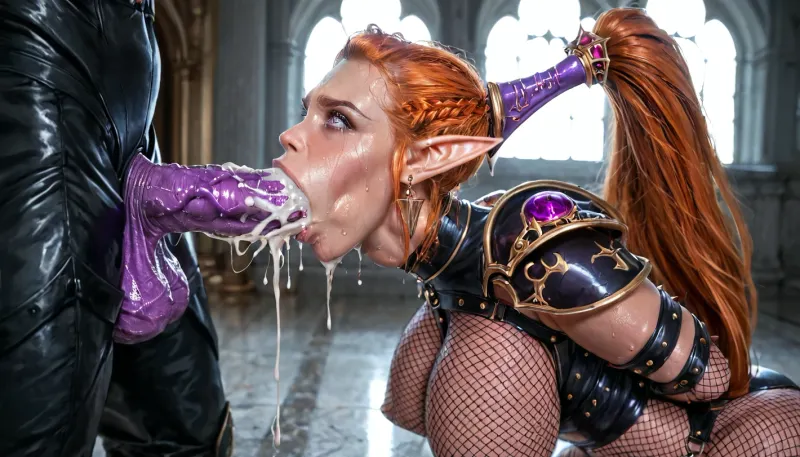 Beautiful 19 years old Beauty with ginger hair, elf ears, wearing spiked black drukari armour, black leather bondage straps, large breasts, massive breasts, thigh high drukhari boots, fishnets, long legs, forced onto her knees by the study, monster fuck her, ((forced to deepthroat purple lictor alien covered in carapace)), large purple cock, forced sex, multiple large balls, cum, deepthroat, covered in sweat, professional photograph, ultra detailed, intricate details, at a palace, tyrnd, <lora:Drukhari-000006:1.3>, <lora:Aeldari:.9>, <lora:491328_training_data:1.6>