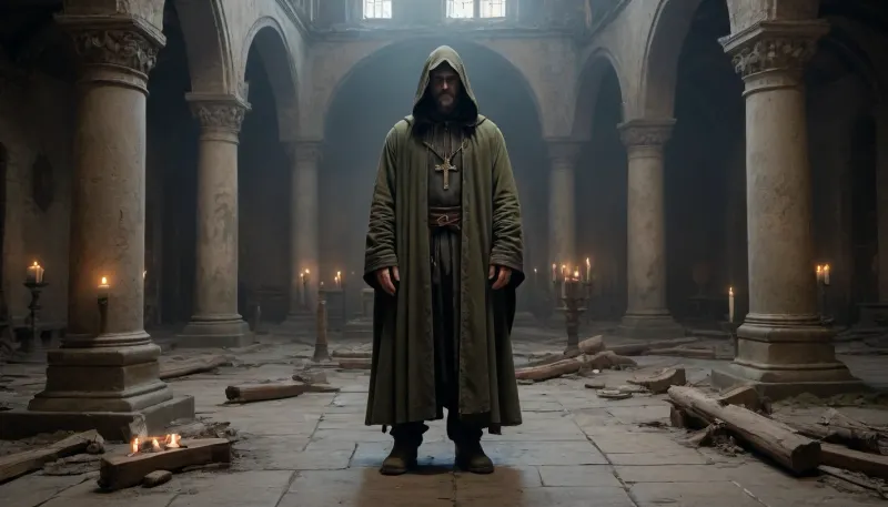 Full-body hyper-realistic portrait of 'Voron' from 'Sin' faction, (S.T.A.L.K.E.R. universe), a tall, gaunt man with pale skin, Woolen cloak with frayed edges, hood partially thrown back, stains of mud and ash? hollow eyes, visible scars, (no beard/mustache), wearing a tattered ankle-length hooded cloak. He stands solemnly in the center of a destroyed Orthodox church — collapsed frescoes, broken iconostasis, fog, Slavic Orthodox architecture with gilded fragments amid ruins, wax from melted candles on stone floor. Dark moody palette, (black, ochre, dark green), . No patches, mutants, or faction symbols. Dozens of candles in rusted candlesticks illuminate his figure and the ruins. Cinematic wide-angle shot, hyper-detailed, 8K, style inspired by STALKER game concept art and 'Blasphemous' aesthetics. Focus on his imposing stance and the cathedral's scale. Standing straight, hands possibly clasped before him or gripping a worn book/artifact, feet half-hidden in fog.