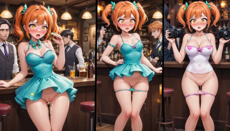 before and after corruption, splitscreen, multiple views, transformation, bimbofication, very petite, very short, B-Cup cute Girlfriend, short orange hair with short cut pointy pigtails, slutty outfit, hidden sex, caught on camera drunk cheating, cum dripping down leg, before fully clothed and after disheveled, ruined reputation, embarrassed liar, blackmail, standing at bar then bar backalley, blowjob and brutal spitroast