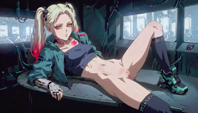 Rebecca_in_cyberpunk: एक नाइटक्लब चित्र - एक्वा और ट्विनटेल में 18 वर्षीय मॉडल के हाइपर-वास्तविक कृति