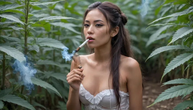 A young, beautiful, slender, topless Colombian Latina wearing a transparent Colombian ruffle dress, long flowing hair, war paint, kneels on a cannabis plantation, (((she smokes a joint, joint, joint in hand, joint in mouth))), cyberpunk art, retrofuturism, by Lü Ji, cgsociety 9, nezha, very beautiful cyberpunk, cyberpunk, concept art feng zhu, (UHD, 4K, 8K), perfect small breasts, face closeup