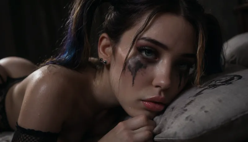 Score_9, score_8_up, score_7_up, (close-up:1.5), (solo), (1girl), (long hair), (multicolored hair, (dark purple hair), (bright blue hair), (blonde hair)), (twintails:1.4), (wavy hair), (messy hair), (wet hair:1.4), submissive, (incredible bimbo:1.1), (medium breasts), (erect nipples), (nipple piercings), (bimbo slut makeup), (mascara running down her face:1.3), (incredibly long lashes), (bimbo lips), (lipstick), (super snatched waist), (pencil waist), (huge bbl ass:1.2), (ribs visible), (oiled glossy skin), (sweaty skin), (shaved pussy), (pale skin:1.4), (gothic:1.1), (goth:1.1), (tan lines:.8), (green eyes), (perfect mouth), (perfect lips), (topless), (bottomless), (no clothing except a black garter belt and black fishnet thigh-high leggings and black platform stilettos and black fishnet arm sleeves), perfect-eyes, (she's laying on a bed, on her side, head on a pillow), exhausted, tired, hair and makeup was elegant and beautiful but is now messy and disheveled after hours or rough sex, (ruined makeup:1.2), (smudged lipstick smeared across face), (satisfied expression:1.2), (fucked senseless), (black walls), (gothic bedroom), (blue and purple neon lighting:1.1), (bright neon lighting:1.2), HighRes Fix, ADetailer, Inpainting, Upscale, Photoshop, <lora:PerfectEyesXL:.8>, <lora:dark:.5>, <lora:315758_training_data:.8>