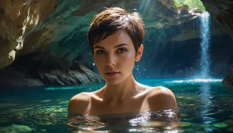 Gorgeous cave. Giant and intricate details. Glistening glowing pools of magical water. Bioluminescent crystals clinging to the cave walls. Garmash. Wlop. Guweiz. Oil paint strokes. Surreal. Outlines. Vivid and surreal crystals and magical water. 2 Nude +18 years pretty girl, wet skin, wet body, black wet hair, (((pixie haircut))), swimming, Photorealistic.