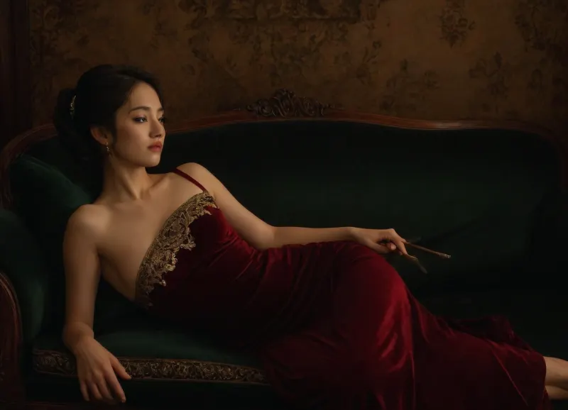 A decadently elegant woman, appearing to be of East Asian descent, aged 30-40, reclines languidly on a plush, crimson velvet chaise lounge, her posture suggesting both weariness and a hint of defiance. Her silk cheongsam, a deep emerald green embroidered with gold thread, drapes elegantly around her. Her face, framed by meticulously styled dark hair, reveals a melancholic beauty, her eyes, slightly downcast, hold a world-weary expression. She delicately holds an opium pipe, its amber stem reflecting the soft, golden light of a single oil lamp casting long shadows across the richly textured silk walls of the opium den. The room is dimly lit, the air heavy with the scent of incense and opium. Details, fine porcelain vases, intricate carvings on dark wood furniture, and a Persian rug strewn with scattered silk cushions create a sense of opulent decay. The overall composition is a three-quarter view, slightly low angle, employing a shallow depth of field to emphasize the woman and the pipe. The color palette is rich and dark, dominated by deep greens, crimson, and gold, contrasting with the pale skin of the woman. The style evokes late 19th-century decadence, a blend of Art Nouveau and Symbolist influences. Atmospheric, melancholic mood, capturing the sensual and dangerous allure of the opium den. The texture is luxurious, emphasizing the smoothness of the silk, the roughness of the wood, and the velvety softness of the chaise lounge. The overall feel is one of refined decay and sensual mystery., <lora:opium_sdxl:.8>