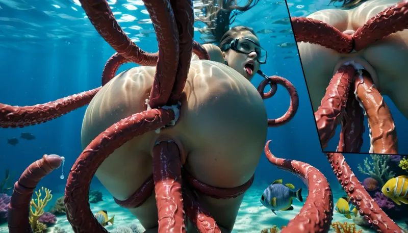 High-definition, 20 meters underwater, (1man, half-octopus man with very many tentacle arms but the torso of a man and a huge cock:1.3), (floating above the seafloor in zero gravity), (1woman, large, breasts, a helpless and beautiful female scuba diver wearing a full-face scuba mask over her eyes and a one-piece swimsuit), (dive knife has fallen from her hand and an empty sheath is strapped to her thigh:1.1), (the monster is mounting her and impregnating her with its tentacles:1.3), (multicolored tentacles), (doggy sex position), (full-face scuba mask:1.4), (air bubbles leaving her mouth:1.4), (orgasm face:1.4), (ahegao:1.1), (double penetration:1.3), (tentacles in pussy), (tentacles in ass), (tentacles wrapped around her body:1.4), (deep underwater:1.3), (lots of fish:1), (detailed face and eyes:1.3), (facing viewer:1.3), (close-up view of face:1.2), (precum:1.2)