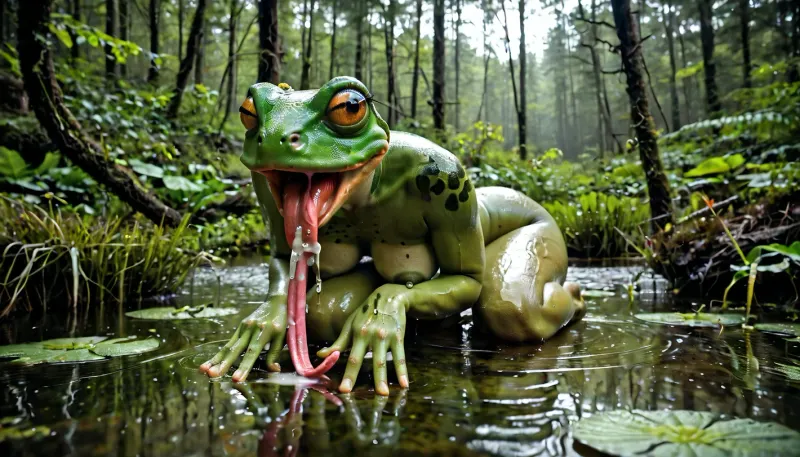 masterpiece, photo-like, high resolution, natural swamp forest, a female fairy with frog-like characters seductively haunting the swamp, the woman has green metalic skin with frog spots and frog eyes, (metalic skin=1.9), (green skin=1.9), (amphibian skin=1.8), fae, frog woman, a beautiful girl with spotted frog skin, metalic irridescent gold and green skin, wet, slimey, metalic green hair, high dark nipples, detailed photo, cowgirl, squating like a frog, dripping, drooling, emo girl with dark makeup, innocent face, naked, showing tits, tiny, creampie, golden eyes, huge eyes, duckweed, algae, long tongue, pond, hotspring, serpent, spread, lurking among the duckweed, webbed fingers and toes, blood, covered in duckweed and cladophora, tadpoles, polywogs suckling, webbed fingers with sucktion cups