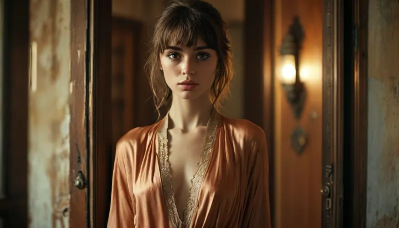 ((full body in shot)), ((brunette with a fringe)), ((anorexic)), model with stunning brown eyes, silk robe small cleavage, full body image, opening the door, (((looking at viewer))), saggy breasts, toned butt, toned, athletic, muscular, arab, North African, <lora:MJ52:.8>, [Photorealistic, moody], [Inspired by the work of Annie Leibovitz]