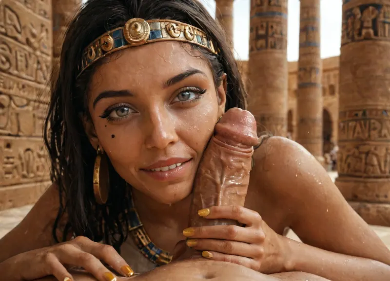 (old woman:.7), bright grey eyes, beautiful hands, gold fingernails, ((her hand holding cock on the side of her face)), sweaty face, (excited face:1.2), handjob pov, (face closeup:1.1), ancient egypt, egyptian, style, <lora:ancient egyptian style:.4>, <lora:681678_training_data:.4>, <lora:add-detail-xl:1>