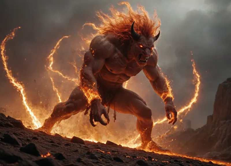 A colossal, ferocious seneca composed entirely of molten, liquid fire, standing in the middle of the roman empire. Its fiery body radiates intense heat, with flames constantly flowing and dripping like molten lava from its muscular frame. Its mane is a raging inferno, and its sharp, glowing eyes burn with fierce intensity. The ground beneath him sizzles and cracks, leaving trails of glowing embers. The surrounding environment is engulfed in a fiery haze, with sparks flying and the distant glow of magma illuminating the scene, emphasizing the figure’s terrifying and untamed power.