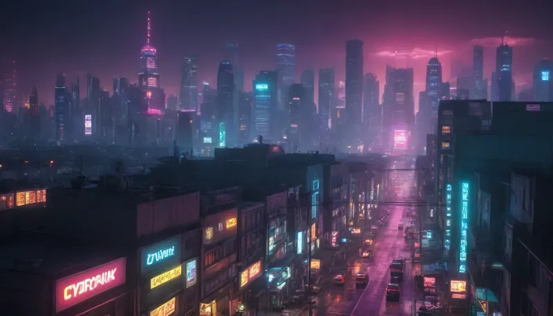 Magnificent urban landscape, magnificent landscape, Street, night, neon, roof, (cyberpunk:1.8)