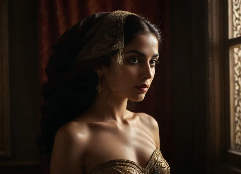 A high-art boudoir portrait of a naked Iranian woman, bathed in dramatic chiaroscuro lighting, evoking the timeless elegance of Baroque paintings. The interplay of deep shadows and golden highlights sculpts the delicate contours of her form, capturing an intimate yet enigmatic atmosphere. She is adorned in sheer, flowing fabrics that catch the light like liquid silk, partially revealing and concealing her silhouette in a dance of mystery. The background is a painterly blend of rich textures, reminiscent of old-world oil paintings, adding depth and warmth. Her gaze, soft yet powerful, speaks of untold stories, as Persian ornamental shadows—cast through intricate mashrabiya patterns—gently frame her figure. The ambiance is cinematic, infused with a poetic, almost surreal quality, as if time itself has paused to admire her presence.