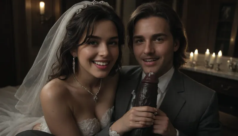 interracial, pov of black penis, (((1white cuckold husband in suit is behind the bride hugging the bride he is happy and look at the camera1.5))), very large black penis, The happy chubby Persian bride in sexy wedding dress, cum driping bride's chain' cum driping from black penis, drinking sperm from transparent glass cup, there is glossy and sticky sperm in cup, cup full of sperm, cum swallowing, ((gokkun)), cum dripping from the corners of her lips, The woman holds the cup under the black cock., happy, <lora:671410_training_data:.4>, <lora:dark:.5>, <lora:677862_training_data:.8>, <lora:happy_v2:1>