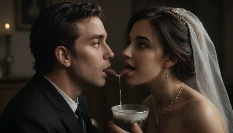 interracial, ((white cuckold husband in suit in the background is happy)), very large black penis, The happy chubby Persian bride in sexy wedding dress, cum driping bride's chain' cum driping from black penis, (white man kiss the black penis), (woman laughs), . drinking sperm from transparent cup, (there is glossy and sticky and glossy sperm in cup), cup full of sperm, cum swallowing, ((gokkun)), cum dripping from the corners of her lips, The woman holds the cup under the black cock., ((text on The cup is, "BBC Cum")), happy, <lora:dark:.5>, <lora:677862_training_data:.9>, <lora:happy_v2:1>, <lora:256210_training_data:1>, green, eyes, blue, brown, perfecteyes, <lora:PerfectEyesXL:.8>