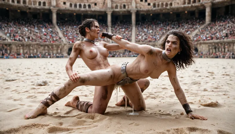 Two cute athletic gladiator girls, naked, (Dirty:.7), no make up, (heavy steel collar:1), (metal chastity belt 1.1), leather straps on torso, on hands and on legs, cum dripping, leaking cum, on sand, Roman gladiator arena, stone walls, angry, (fight:1.2), fighting each other, beating each other, excitedd Roman crowd