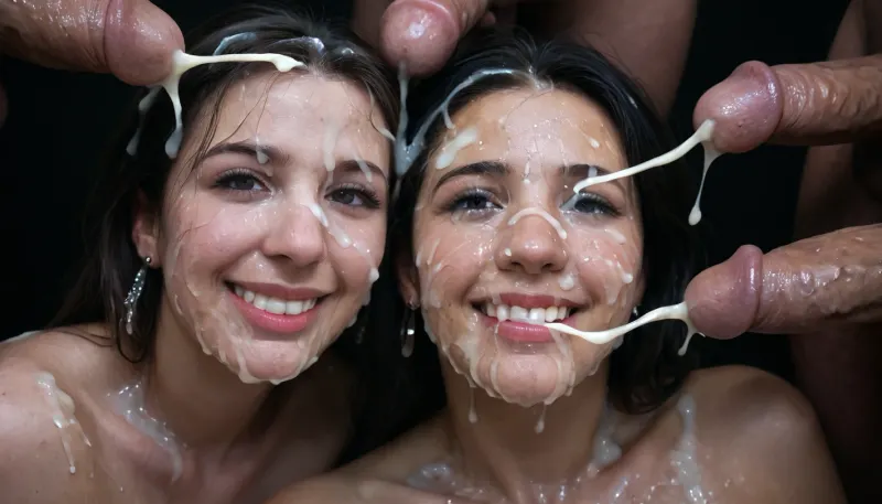 2 white mature women, smiling, eyes open, (Cum details), realistic cum, Prominent cum, (white cum:1.7), cum on, (Cum flows:1.2), (cum on body:1.3), cum on head, (cum on face:1.3), bukkake, ((body covered with semen)), black room, black background, cum, face, Face covered in cum, (A lot of cum:1.5), 3+men, surrounded by dicks, <lora:JustCum:.7>, <lora:cum_in_eye_deepmind:.8>